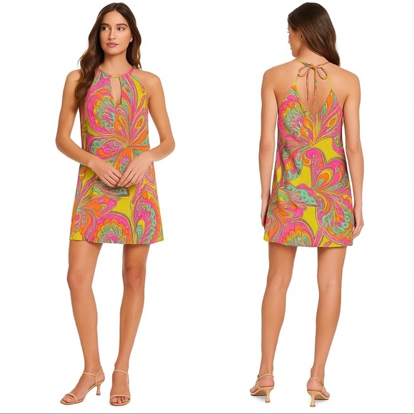Trina Turk Butterfly Print Halter Dress Vivid Multicolor Excellent Size M - Picture 8 of 8